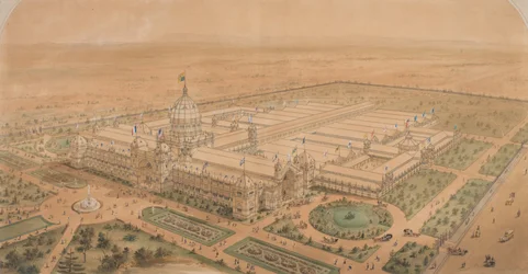 Das Ausstellungsgebäude Melbourne 1880, von Südosten mit Blick auf die Haupthalle